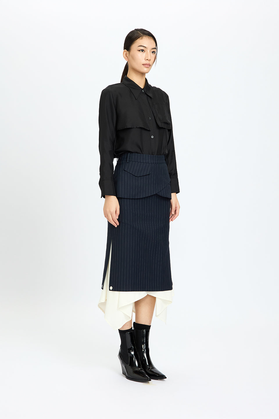 Back-Ruffles Midnight Silk Shirt Black